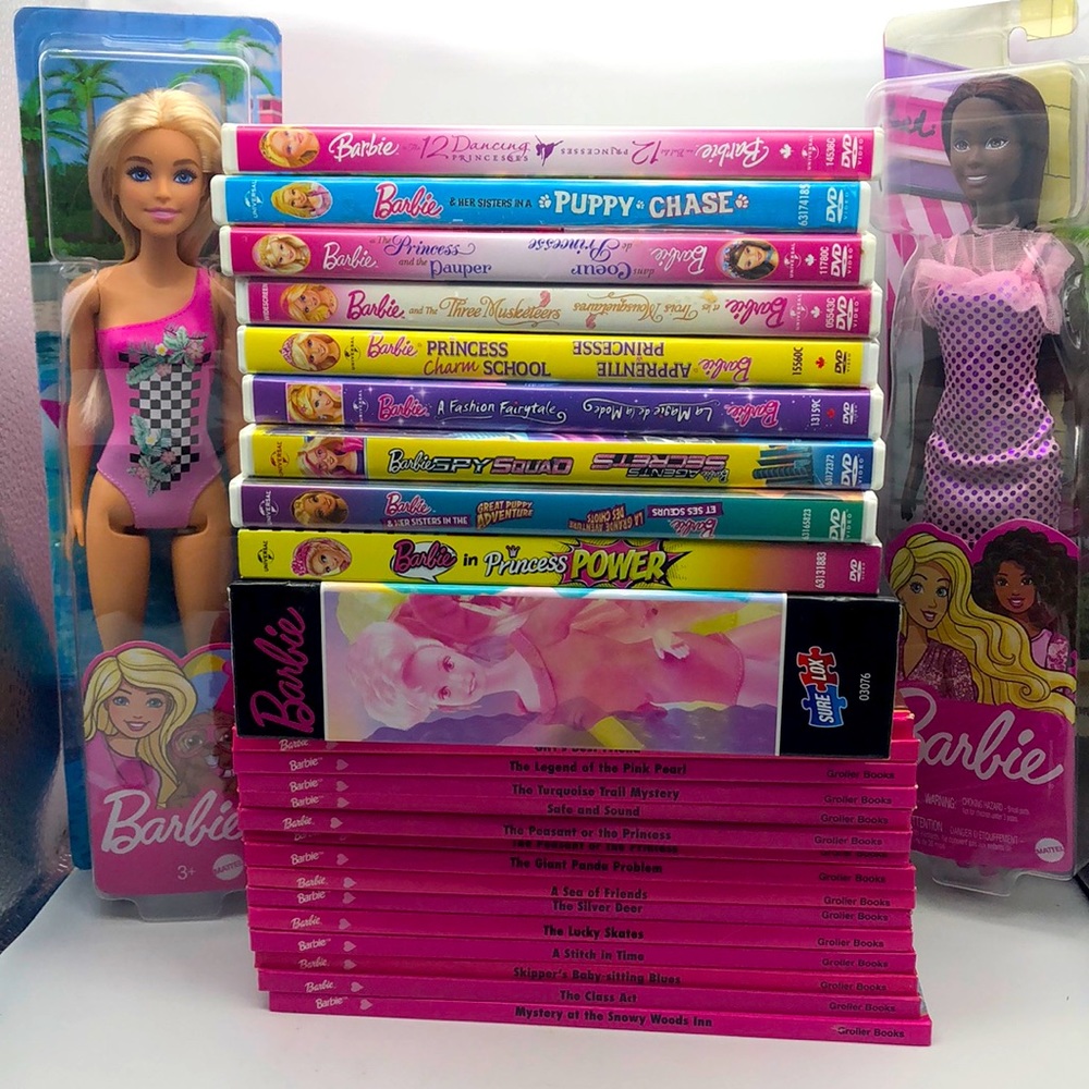 BARBIE Lot of 4: Dolls, DVDs, Books and a Puzzle